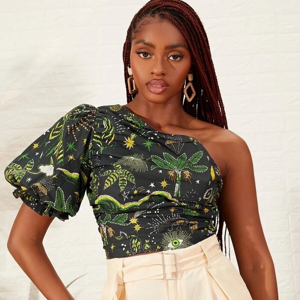 One-Shoulder Black & Green Tropical Print Crop Top